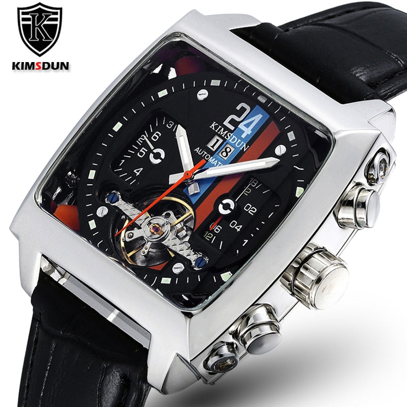TOP Automatic Self Wind Mechanical Genuine Leather Stainless Steel Black Orange Blue Casual Perspective See Through Men Watch