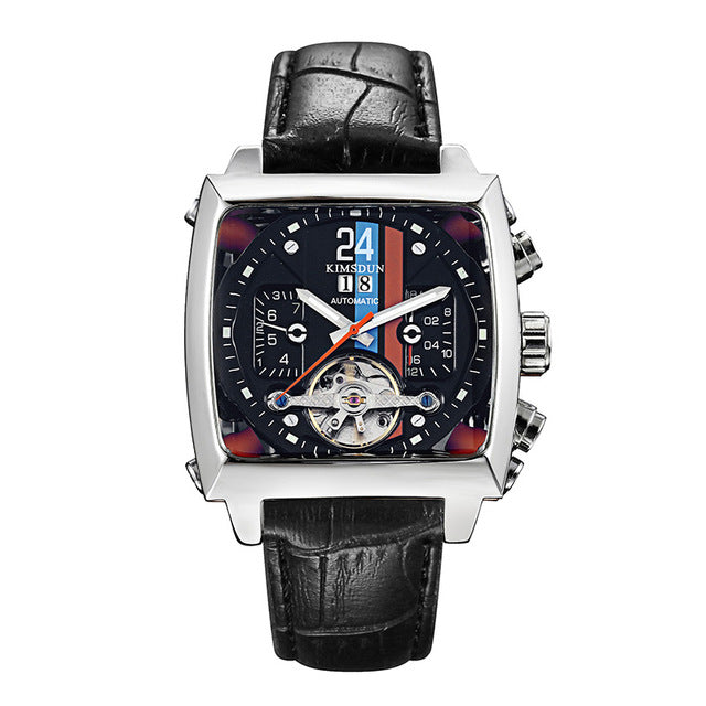 TOP Automatic Self Wind Mechanical Genuine Leather Stainless Steel Black Orange Blue Casual Perspective See Through Men Watch