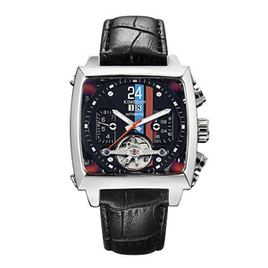 TOP Automatic Self Wind Mechanical Genuine Leather Stainless Steel Black Orange Blue Casual Perspective See Through Men Watch