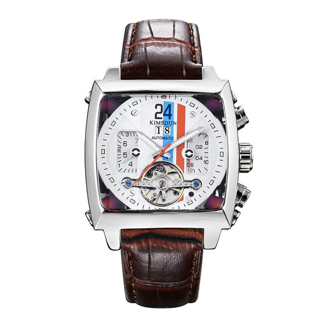 TOP Automatic Self Wind Mechanical Genuine Leather Stainless Steel Black Orange Blue Casual Perspective See Through Men Watch