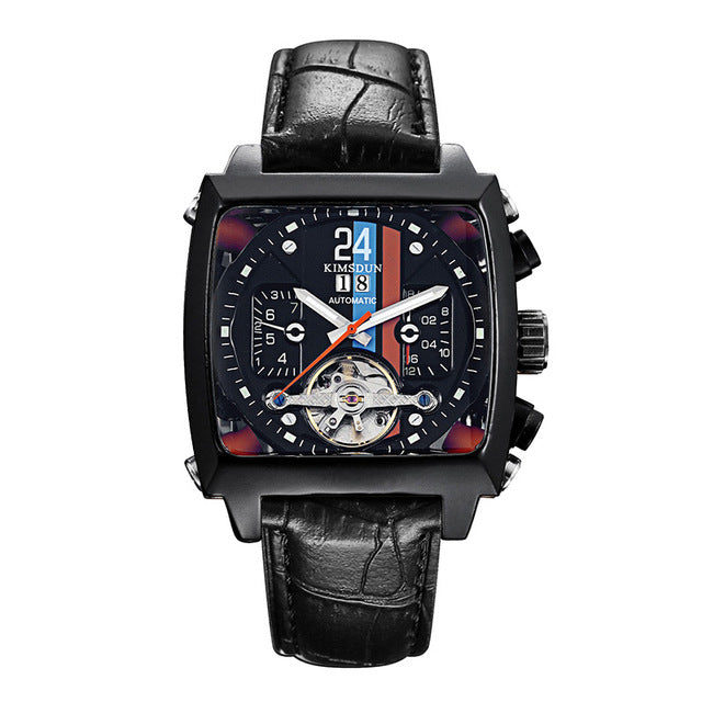TOP Automatic Self Wind Mechanical Genuine Leather Stainless Steel Black Orange Blue Casual Perspective See Through Men Watch