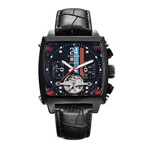 TOP Automatic Self Wind Mechanical Genuine Leather Stainless Steel Black Orange Blue Casual Perspective See Through Men Watch