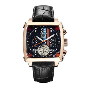 TOP Automatic Self Wind Mechanical Genuine Leather Stainless Steel Black Orange Blue Casual Perspective See Through Men Watch