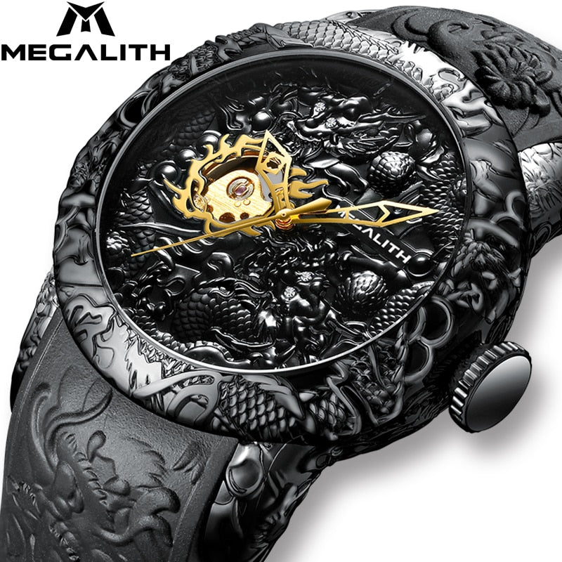 MEGALITH Gold Dragon Sculpture Automatic Mechanical Watch For Men Waterproof Silicone Strap Wristwatch Clock Relojes Hombre 8041