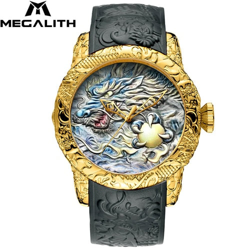MEGALITH Gold Dragon Sculpture Automatic Mechanical Watch For Men Waterproof Silicone Strap Wristwatch Clock Relojes Hombre 8041