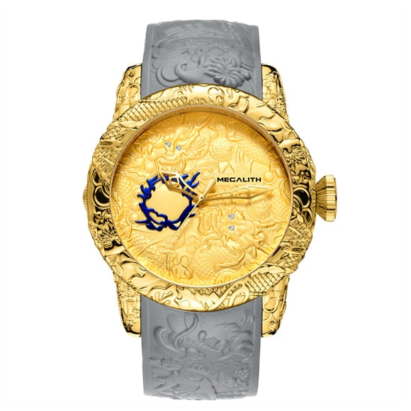 MEGALITH Gold Dragon Sculpture Automatic Mechanical Watch For Men Waterproof Silicone Strap Wristwatch Clock Relojes Hombre 8041