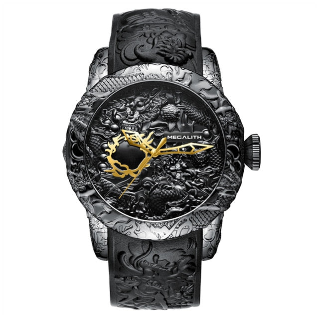 MEGALITH Gold Dragon Sculpture Automatic Mechanical Watch For Men Waterproof Silicone Strap Wristwatch Clock Relojes Hombre 8041