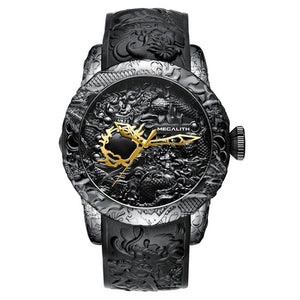 MEGALITH Gold Dragon Sculpture Automatic Mechanical Watch For Men Waterproof Silicone Strap Wristwatch Clock Relojes Hombre 8041