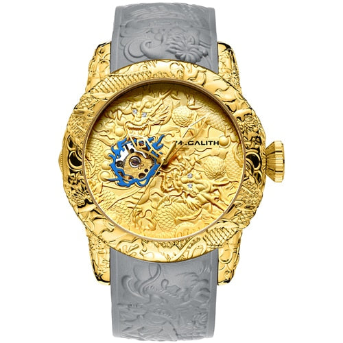 MEGALITH Gold Dragon Sculpture Automatic Mechanical Watch For Men Waterproof Silicone Strap Wristwatch Clock Relojes Hombre 8041