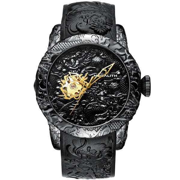 MEGALITH Gold Dragon Sculpture Automatic Mechanical Watch For Men Waterproof Silicone Strap Wristwatch Clock Relojes Hombre 8041