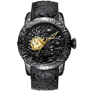 MEGALITH Gold Dragon Sculpture Automatic Mechanical Watch For Men Waterproof Silicone Strap Wristwatch Clock Relojes Hombre 8041