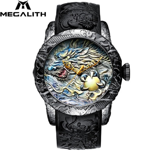 MEGALITH Gold Dragon Sculpture Automatic Mechanical Watch For Men Waterproof Silicone Strap Wristwatch Clock Relojes Hombre 8041