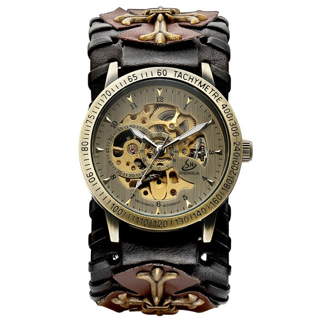 SHENHUA Retro Gothic Bronze Skeleton Automatic Mechanical Watch Men Steampunk Self Winding Clock Tourbillon Watch Reloj Hombre
