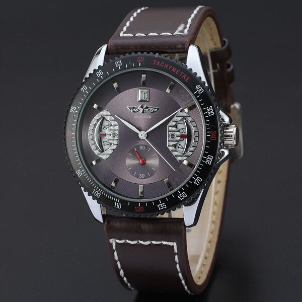 WINNER New Automatic Mechanical Wrist Reloj Self-winding Hollow Colored Dial Montre Business Fashion Men Leather Band Watches