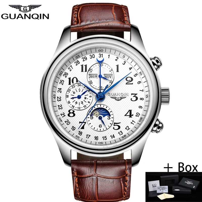 GUANQIN Men Mechanical Watches Leather Luxury Top Brand Waterproof Automatic Wristwatch date Calendar Moon Relogio Masculino