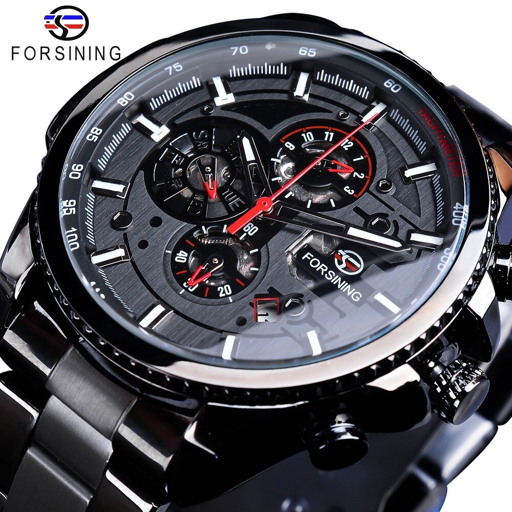 Forsining Black Stainless Steel Men Automatic Wrist Watch Top Brand Luxury Military Watch Male Sport tourbillon mechanical