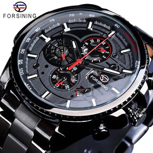 Forsining Black Stainless Steel Men Automatic Wrist Watch Top Brand Luxury Military Watch Male Sport tourbillon mechanical