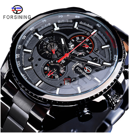 Forsining Black Stainless Steel Men Automatic Wrist Watch Top Brand Luxury Military Watch Male Sport tourbillon mechanical