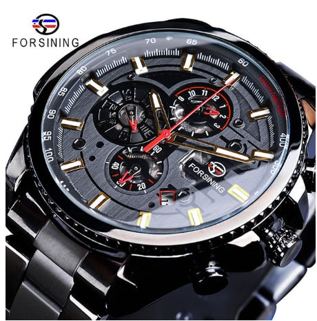 Forsining Black Stainless Steel Men Automatic Wrist Watch Top Brand Luxury Military Watch Male Sport tourbillon mechanical