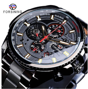 Forsining Black Stainless Steel Men Automatic Wrist Watch Top Brand Luxury Military Watch Male Sport tourbillon mechanical