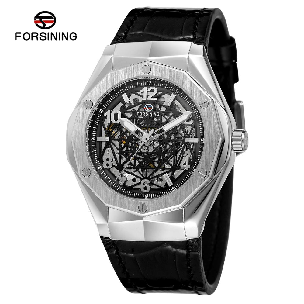 FORSINING fashion casual men's watch black spider web hollow dial silver case black leather strap automatic mechanical watch