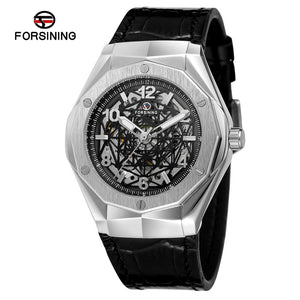 FORSINING fashion casual men's watch black spider web hollow dial silver case black leather strap automatic mechanical watch
