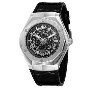 FORSINING fashion casual men's watch black spider web hollow dial silver case black leather strap automatic mechanical watch