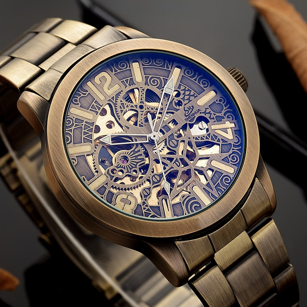 2018 New Hollow carved Men's Retro Bronze Automatic Watches Skeleton Brand Luxury relogio Stainless Steel Mechanical Wristwatch