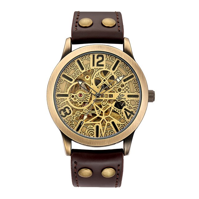 2018 New Hollow carved Men's Retro Bronze Automatic Watches Skeleton Brand Luxury relogio Stainless Steel Mechanical Wristwatch