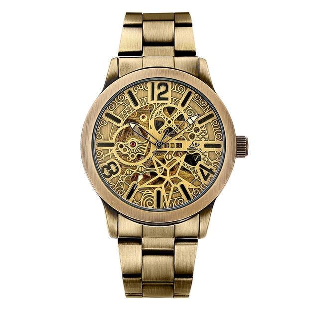 2018 New Hollow carved Men's Retro Bronze Automatic Watches Skeleton Brand Luxury relogio Stainless Steel Mechanical Wristwatch
