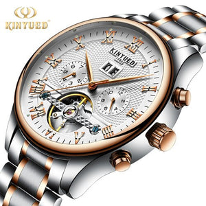KINYUED Skeleton Tourbillon Mechanical Watch Men Automatic Classic Rose Gold Leather Mechanical Wrist Watches Reloj Hombre 2019