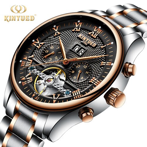 KINYUED Skeleton Tourbillon Mechanical Watch Men Automatic Classic Rose Gold Leather Mechanical Wrist Watches Reloj Hombre 2019