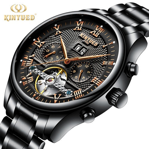 KINYUED Skeleton Tourbillon Mechanical Watch Men Automatic Classic Rose Gold Leather Mechanical Wrist Watches Reloj Hombre 2019