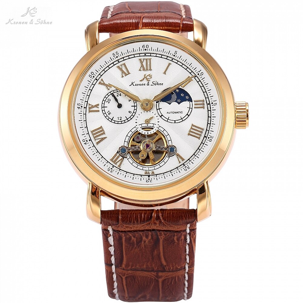 Navigator KS Sports Watch Golden Case Automatic Self Wind Sun Moon Day Night Display Leather Band Men's Mechanical Watches Mirar