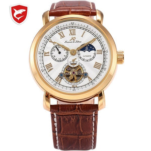 Navigator KS Sports Watch Golden Case Automatic Self Wind Sun Moon Day Night Display Leather Band Men's Mechanical Watches Mirar