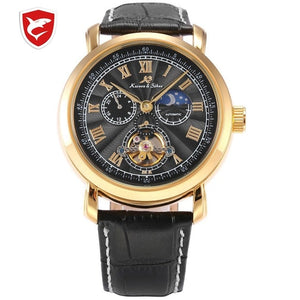 Navigator KS Sports Watch Golden Case Automatic Self Wind Sun Moon Day Night Display Leather Band Men's Mechanical Watches Mirar