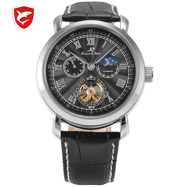 Navigator KS Sports Watch Golden Case Automatic Self Wind Sun Moon Day Night Display Leather Band Men's Mechanical Watches Mirar