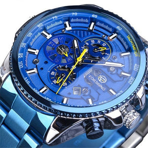 Winner Three Dial Calendar Display Alloy Men Automatic Mechanical Skeleton Wrist Watches Luxury Brand Military Sport Male Clock