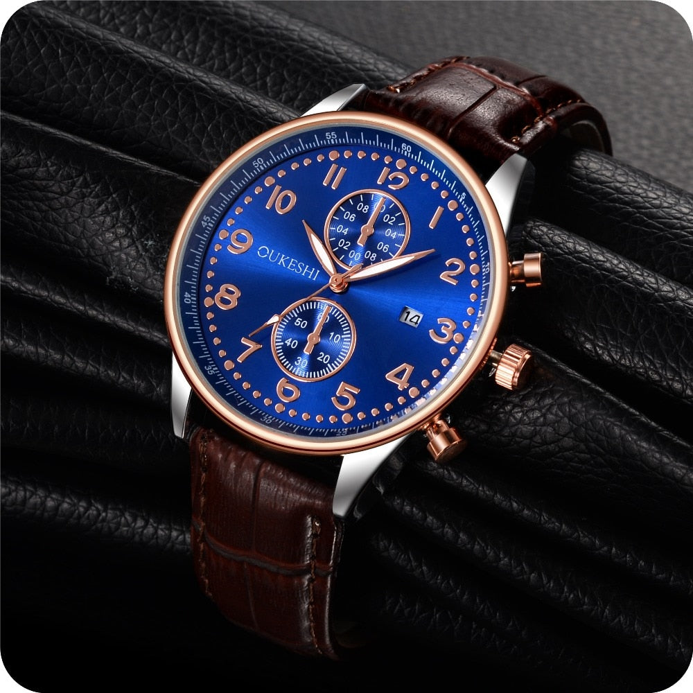 New Fashion OUKESHI Men Watches Analog Quartz Wristwatch Waterproof Chronograph Auto Date Leather Band Relogio Masculino 2017