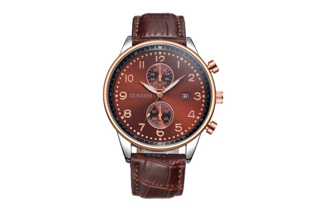 New Fashion OUKESHI Men Watches Analog Quartz Wristwatch Waterproof Chronograph Auto Date Leather Band Relogio Masculino 2017