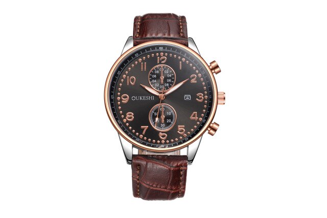 New Fashion OUKESHI Men Watches Analog Quartz Wristwatch Waterproof Chronograph Auto Date Leather Band Relogio Masculino 2017