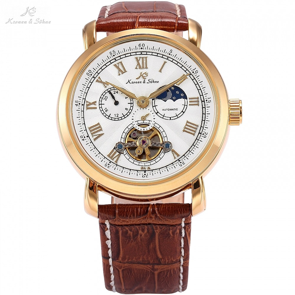 KS Navigator Golden Case Automatic Self Wind Sun Moon Day Night Display Leather Band Men's Mechanical Watches / KS220