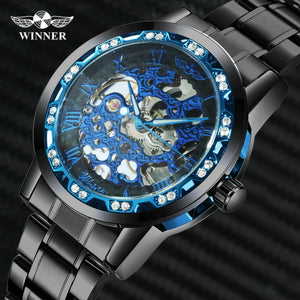 WINNER Official Luxury Mechanical Watches Mens Blue Dial Iced Out Skeleton Watch Stainless Steel Strap Classic Dress Wristwatch