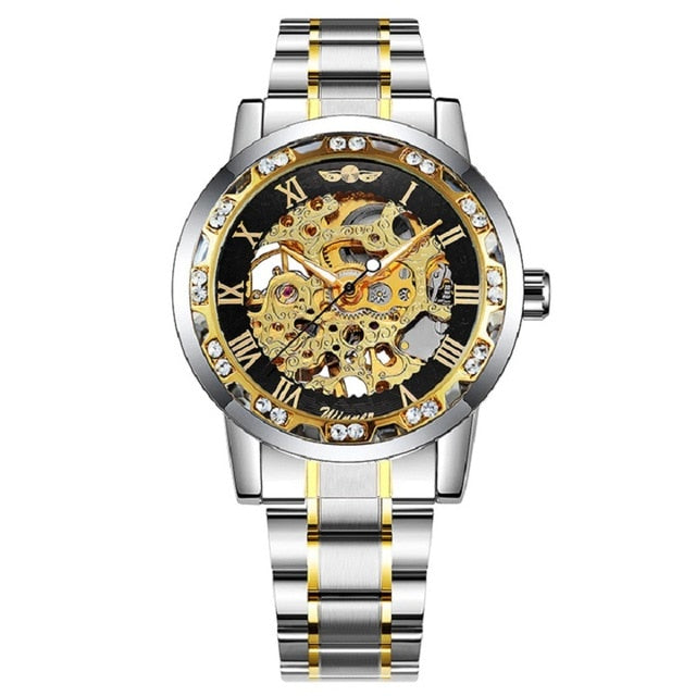 WINNER Official Luxury Mechanical Watches Mens Blue Dial Iced Out Skeleton Watch Stainless Steel Strap Classic Dress Wristwatch