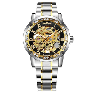 WINNER Official Luxury Mechanical Watches Mens Blue Dial Iced Out Skeleton Watch Stainless Steel Strap Classic Dress Wristwatch