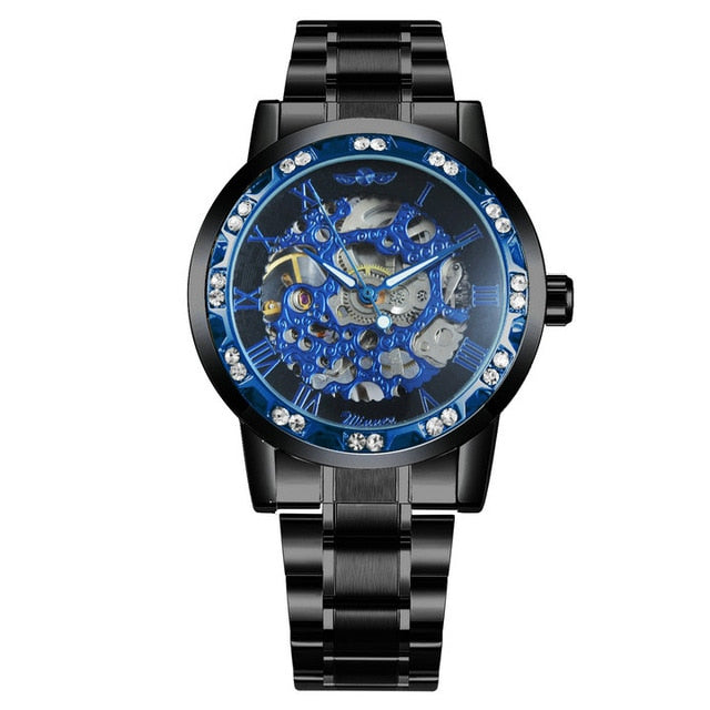 WINNER Official Luxury Mechanical Watches Mens Blue Dial Iced Out Skeleton Watch Stainless Steel Strap Classic Dress Wristwatch