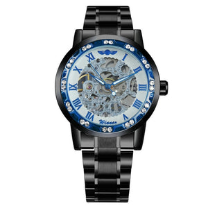 WINNER Official Luxury Mechanical Watches Mens Blue Dial Iced Out Skeleton Watch Stainless Steel Strap Classic Dress Wristwatch