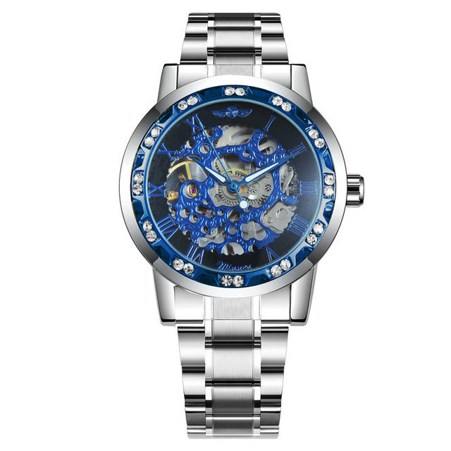 WINNER Official Luxury Mechanical Watches Mens Blue Dial Iced Out Skeleton Watch Stainless Steel Strap Classic Dress Wristwatch