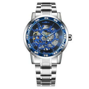 WINNER Official Luxury Mechanical Watches Mens Blue Dial Iced Out Skeleton Watch Stainless Steel Strap Classic Dress Wristwatch