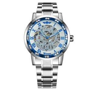 WINNER Official Luxury Mechanical Watches Mens Blue Dial Iced Out Skeleton Watch Stainless Steel Strap Classic Dress Wristwatch